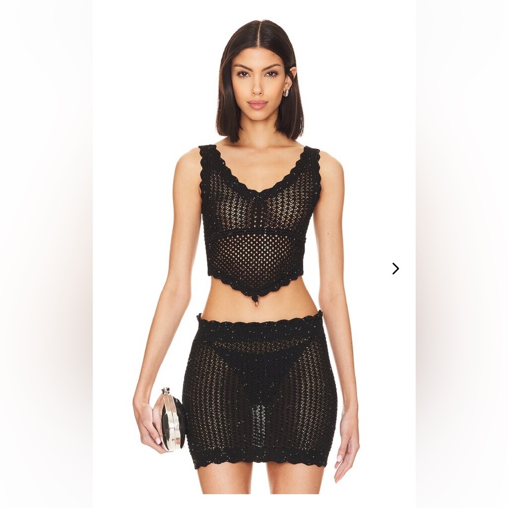Black Crochet Two-Piece Crop Top and Mini Skirt Set